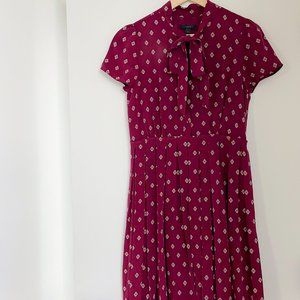 J. Crew 100% Silk Pleated Dress w/ Pussybow (Maroon + Pink Scarf-Print) (Size 2)